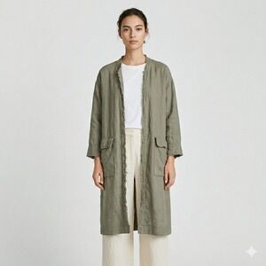 Zara 100% Linen Raw Edge Long Duster Cardigan Sz M Olive Green Lagenlook Summer
